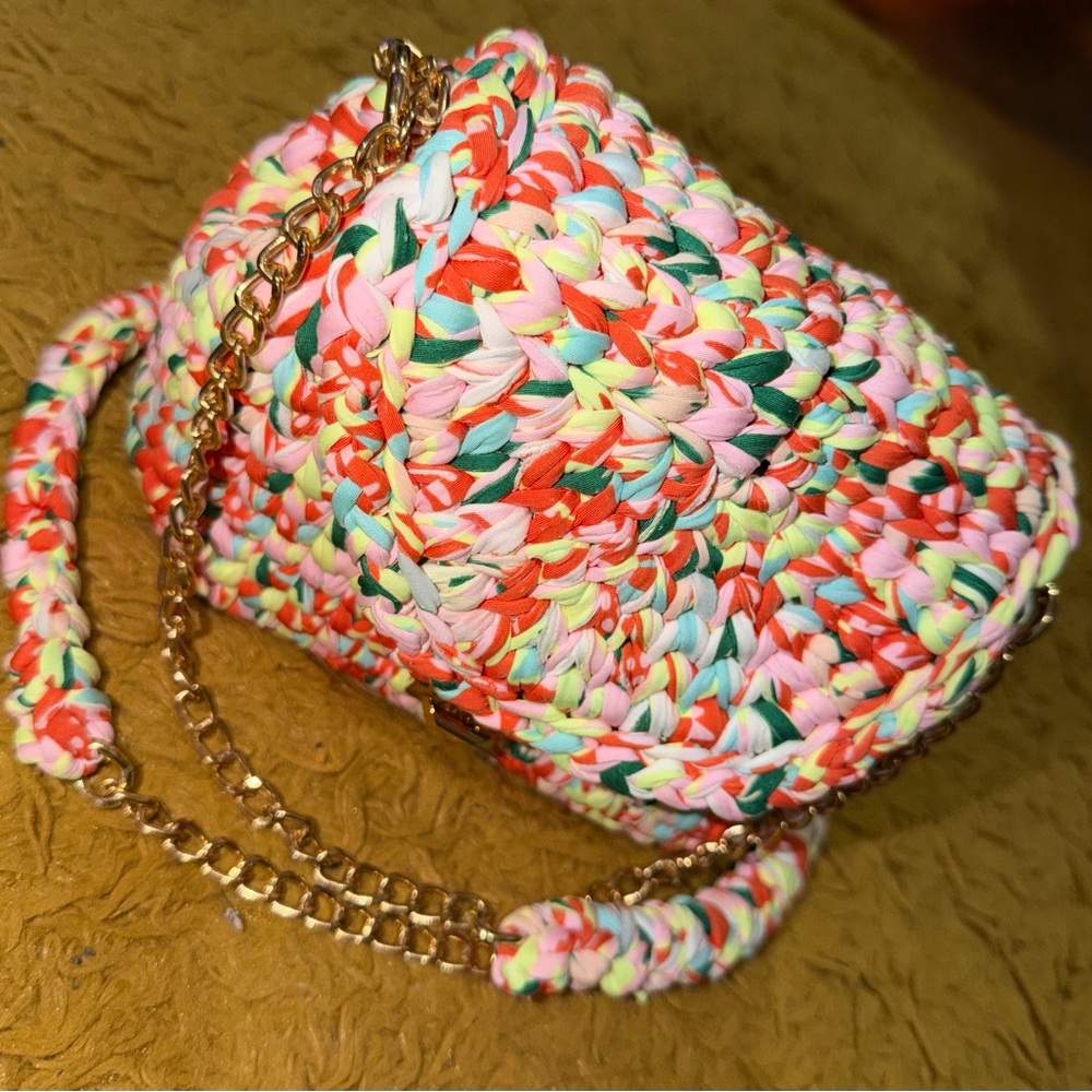NEW Handmade Multicolor Woven Crossbody Bag with Gold Chain